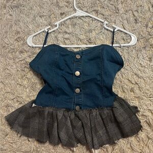 jean bandeau top with flannel detailing